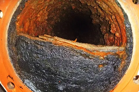 Interior view of a heavily corroded metal pipe, representing scaling control.